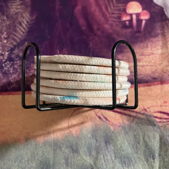 Decorative Beige Coaster Set with Holder - Picture 9 of 10